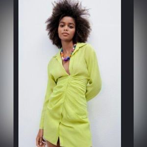 Zara Lime Green Drapped Dress Long Sleeve Mini